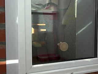 Slim milf masturbates juicy butt in doggystyle outside window with foot fetish in stockings