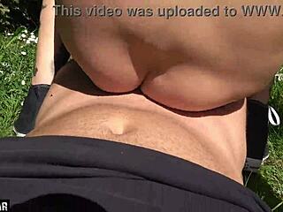 Summer park banging with skinny blonde in rough public doggystyle and creampie action