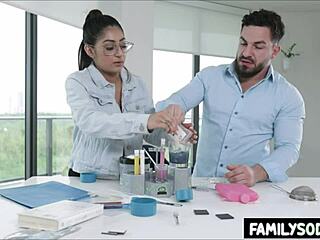 Big brunette stepsisters get naughty in the lab
