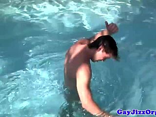 Cum-covered jock outdoors shares intense anal action by the pool.