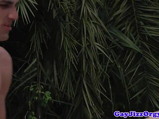 Cum-covered jock outdoors shares intense anal action by the pool.