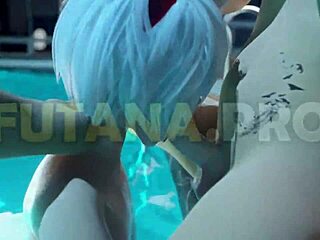 they stayed alone by the pool at night and had intense futa sex with dickgirl fucking girl hard cum on belly