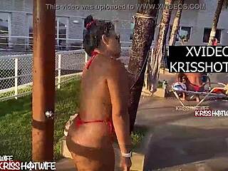 kriss hotwife asks, 'want to see my ass in this micro bikini?' in the hotel shower