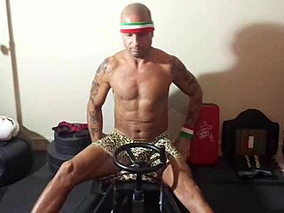 tan ripped italian porn star gets clothes ripped in split workout with maxxx loadz. stretching and fitness fun