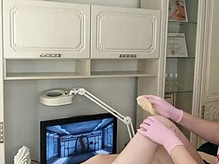 Sugarnadya Waxes Slender Legs of Client with Perfect Trimmed Ass