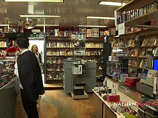 caught sexy shoplifter caroline de jaie paying her debt to two studs