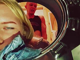 Stepsister stuck in washing machine, helped with big cock