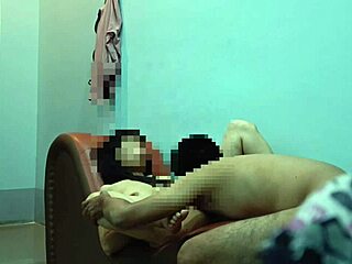 asian couple, watch us have sex on the couch with licking and kissing