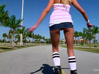 Public flashing turns into blonde begging for outdoor creampie