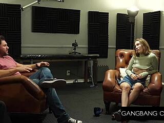 blonde babe sucks two cocks and gets anal creampied on casting