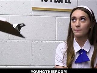 I am the young thief, a cute petite teen shoplifter caught by the guard after finding a dildo