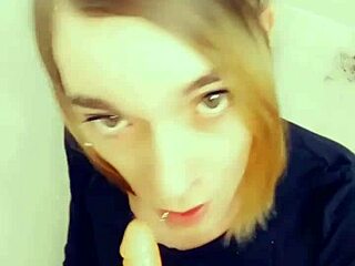 Sexy Shemale Adores Sucking Hard Cock on Knees