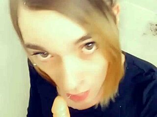 Sexy Shemale Adores Sucking Hard Cock on Knees