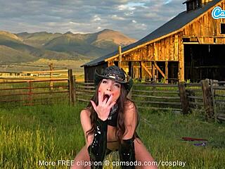 sexy brunette cowgirl cosplay on farm