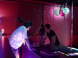 Brunette slut gets her cunt licked and her boobs sucked by a group of guys