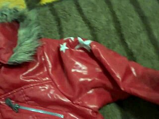 Cumshot on sister-in-law's alluring nylon raincoat