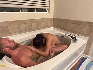 Asian queen gives wet blowjob in bath tub from pov view