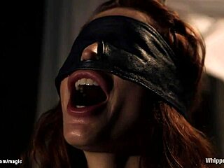 Busty red head babe gets ass and feet caned hard