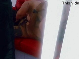 Chubby neighbor bent over for intense fucking by tattooed lover while spied on.