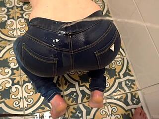 Desperate Milf Pees In Jeans Then He Pees On Her Ass