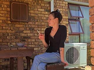 Piss desperation leads to wetting mom jeans outdoors while smoking a cigarette