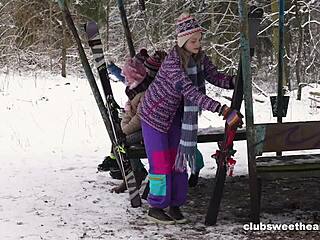 Hot teen bunnies humping shaved pussies in snow with scissoring