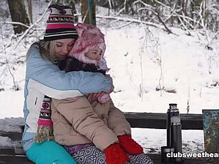 Hot teen bunnies humping shaved pussies in snow with scissoring