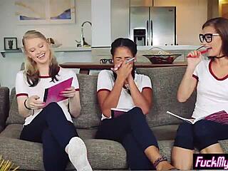 Petite teens fuck friend's big dick in foursome