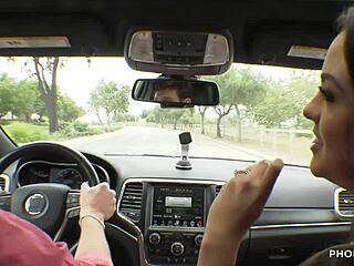 busty nicole sage can't wait to suck big cock with boyfriend and friend