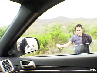 busty nicole sage can't wait to suck big cock with boyfriend and friend