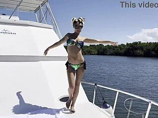 Monika Fox masturbates with a dildo on the yacht.