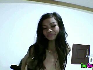 The skinny Thai girl receives cumshot between her legs.