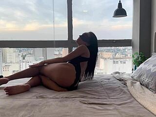 Slim wife satisfies herself with husband's average cock in lingerie