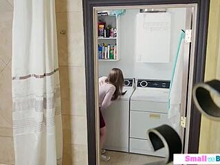 Petite babe gets footfucked by busty stepmom in lesbian scene