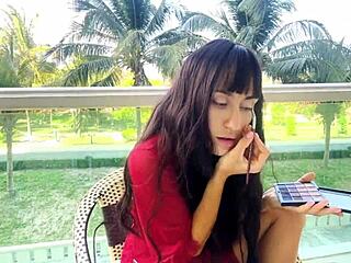 Sexy brunette shares makeup secrets for flawless face.