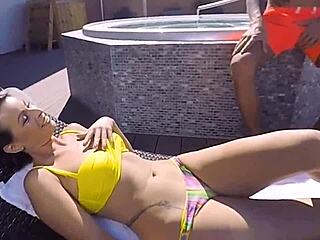 I watch Caroline Ardolino sunbathing in bikini on terrace