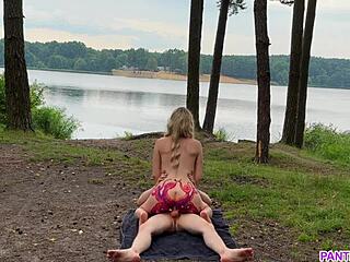 Blonde Rides Hard Outside with Cum on Tits