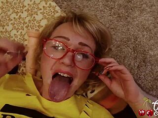 Blonde sucks big cock in doggystyle assfucking, toys pussy, bent over for double penetration and cum on face POV