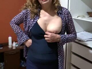 Latina Step Mom Masturbates with Huge Dildo Before Friend's Son for Big Hairy Cumshot