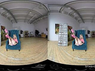 Blonde amateur strips in vr, clothes ripping teasingly