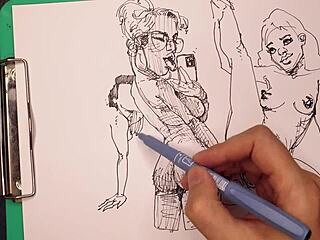 porn artist at work sketching sexy girls with big tits and asses fast
