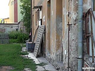 Eveline Dellai Ties Man Up and Wanks Him in Public