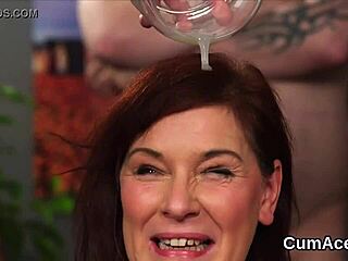 horny honey gets a bukkake facial and eats all the jizz