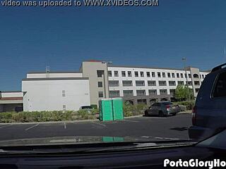 A plump blonde woman performs oral sex on seven men in public