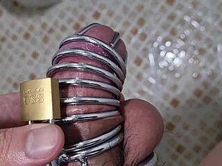 Korslaveman - I Pee While Wearing a Chastity Belt on My Cock for Fun