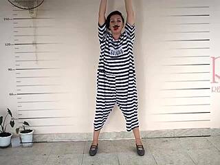 Photographing Detained Lady Undressing In Prison Cosplay