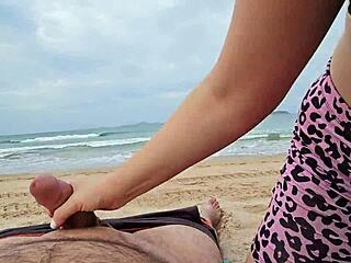 Cute Babe Sucks Cock on Public Beach for Mouth Creampie