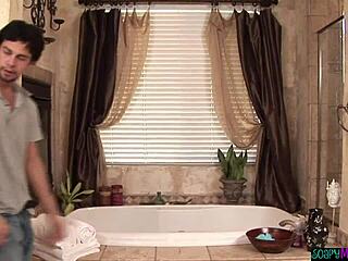 Massaging Blonde Babe Jerks Client's Dick