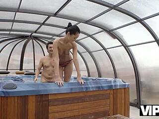 A stunningly beautiful and youthful adult film actress undresses to be penetrated by an older partner in this exclusive video