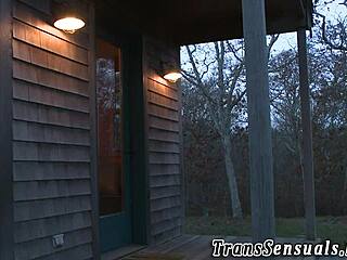 Teen tranny intensely cums from tugging in group blowjob session